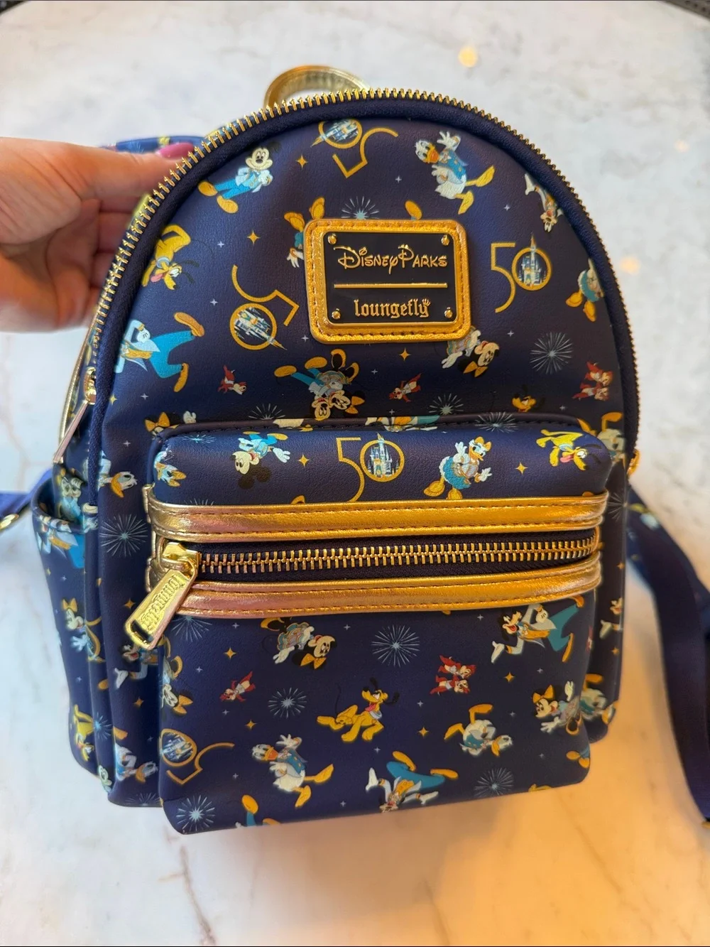 Loungefly Navy and Gold Disney Parks 50th Anniversary Kids Mini Backpack